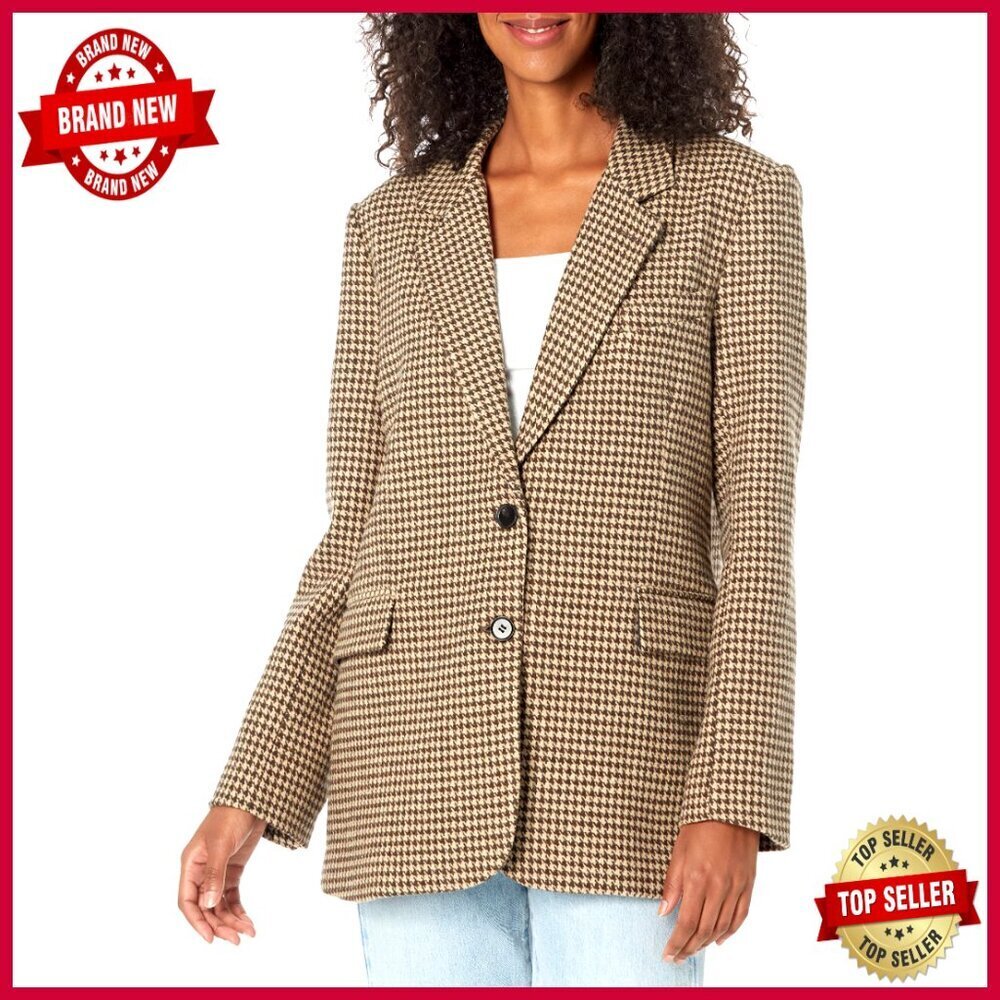 Oversized Boyfriend Blazer with Shoulder Pads, Houndstooth Pattern, Dry Clean
